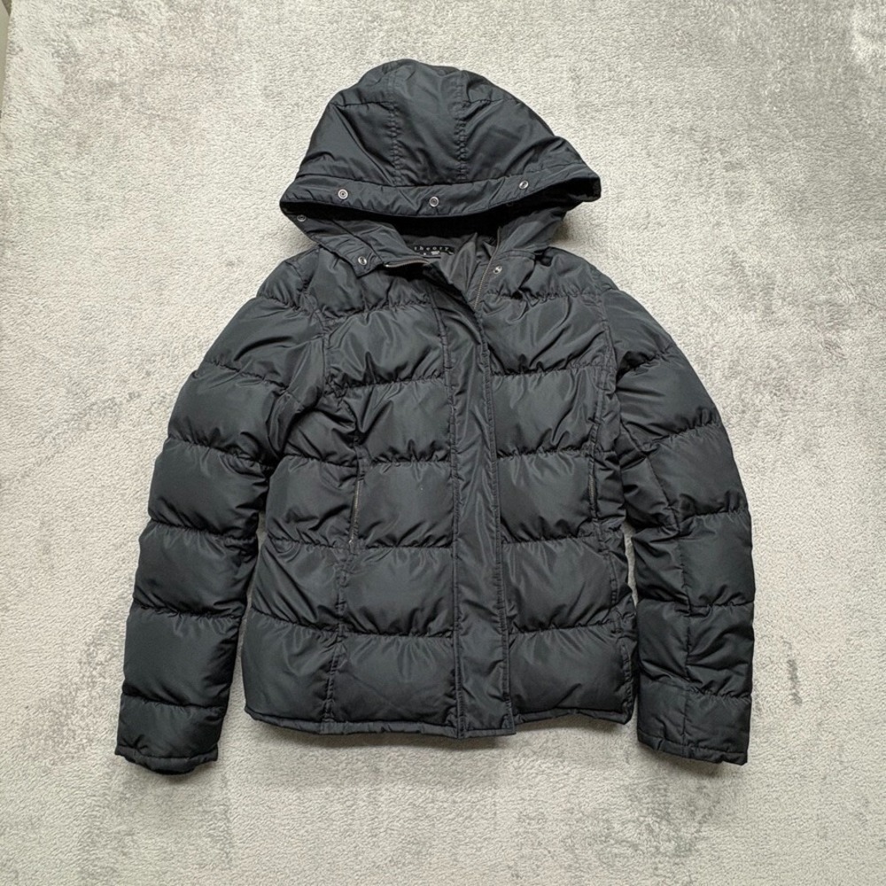 Theory Hooded Puffer Jacket‎ Womens Black Small Full Zip Flap